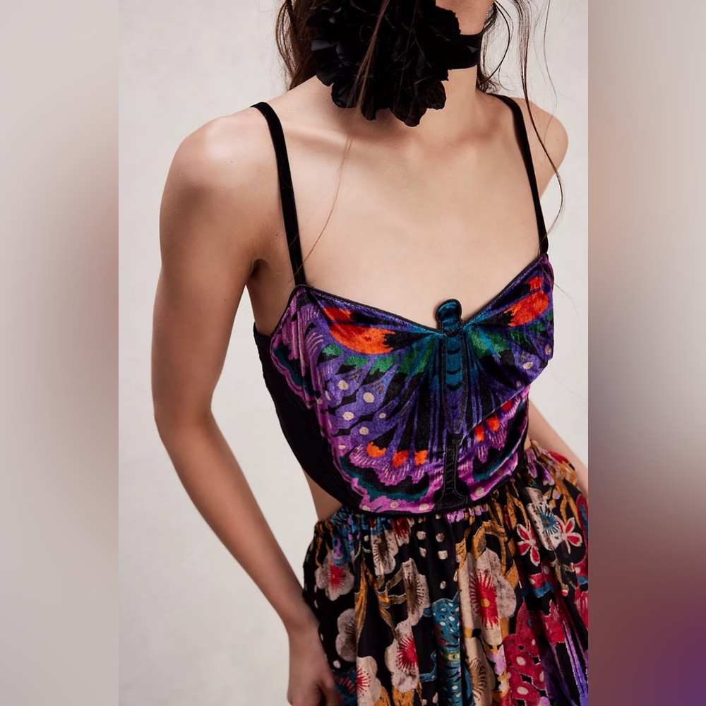 Free People Black Velvet Maxi Dress with Multicolor Floral & Butterfly Print - Picture 3 of 4
